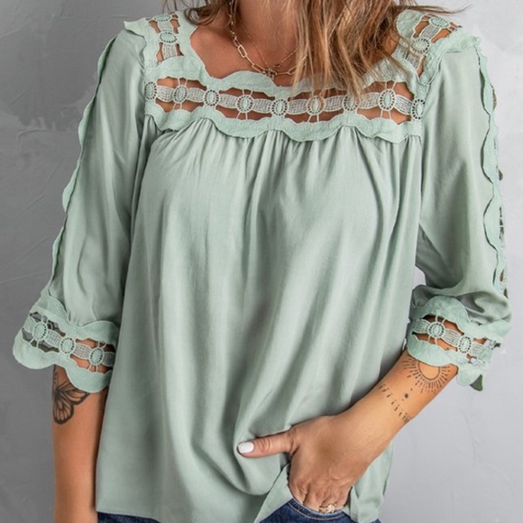 044 Boho Mint Green Romantic Crochet Cut out Blouse - Picture 2 of 3